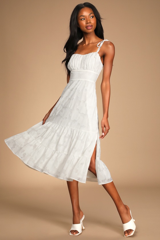 White Midi Dress - Jacquard Dress - Tie ...